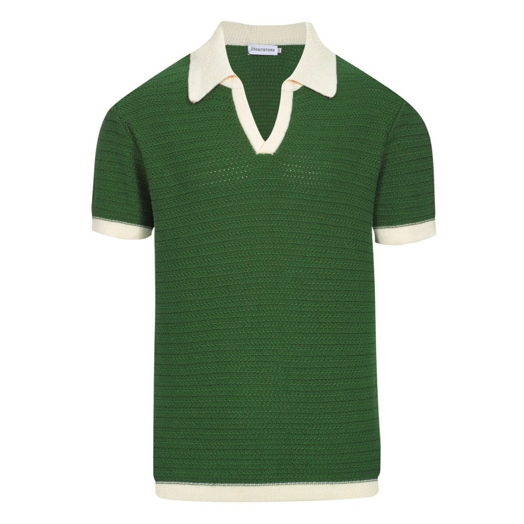 Men's 60s Mod Green Knit Polo with Cream Trim | Vintage Open