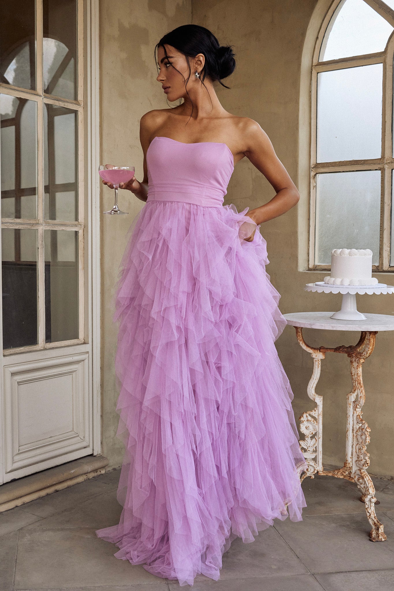 Shop the Rori Tulle Cascade Maxi Dress Orchid