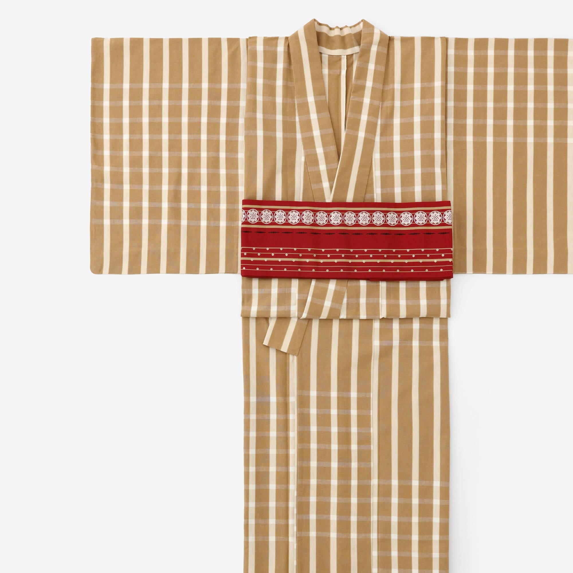 お仕立て別】伊勢木綿（20/20） 着物反物／八筋格子 亜麻色（あまいろ）