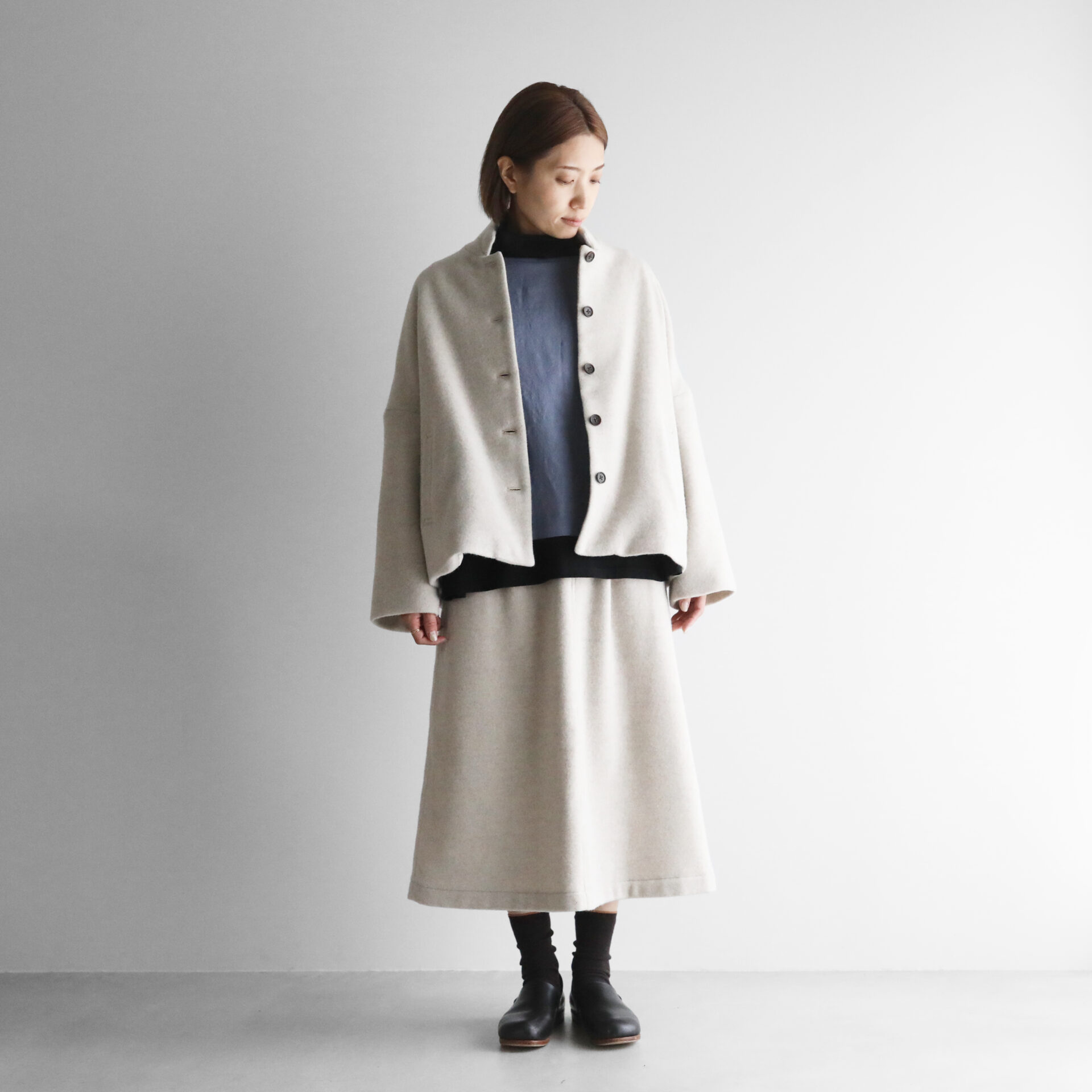 HUIS×尾州”縮絨ウールフランネルプレーンスカート U403リリースしま