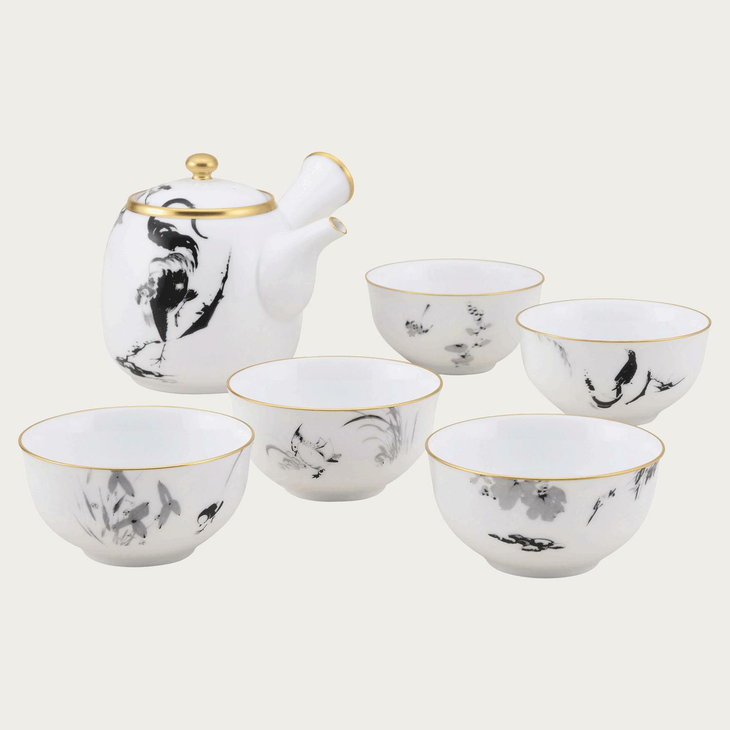 大倉陶園×細見美術館］ 伊藤若冲 花鳥図 湯呑 (5個)(絵変り