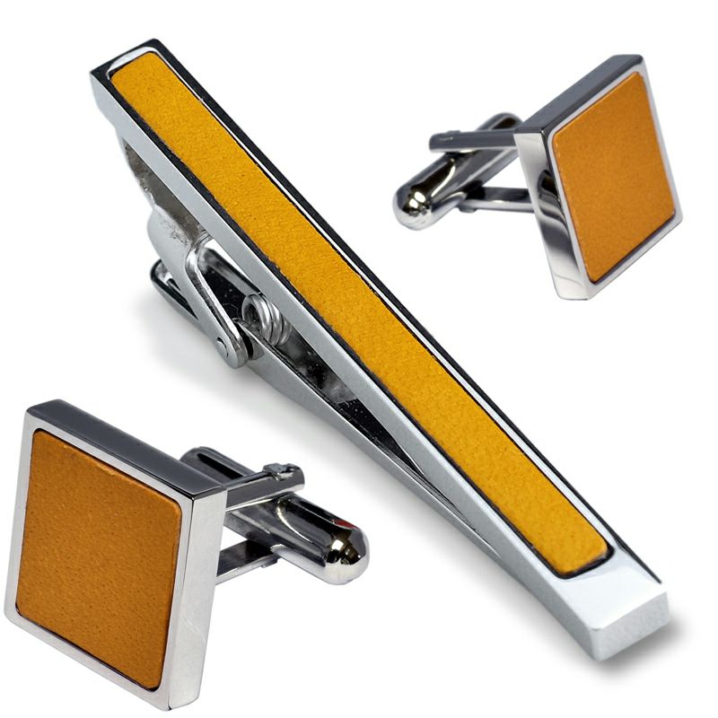 ネクタイピン・カフスセット 本革はめ込み 真鍮製 Kts-005 | TAVARAT