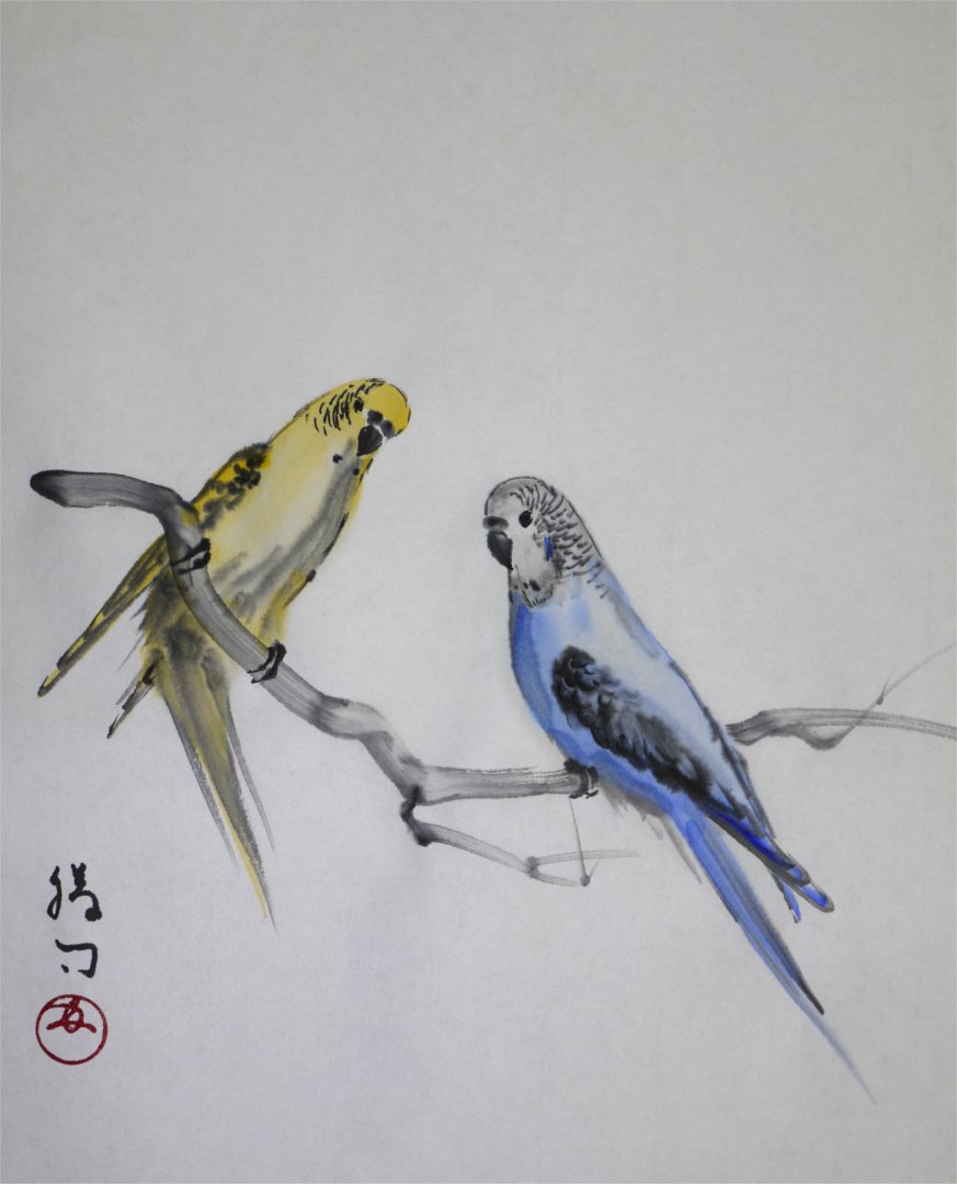 水墨画（彩墨画）「セキセイインコ」福田勝司 筆 | 水墨画・達風 色彩