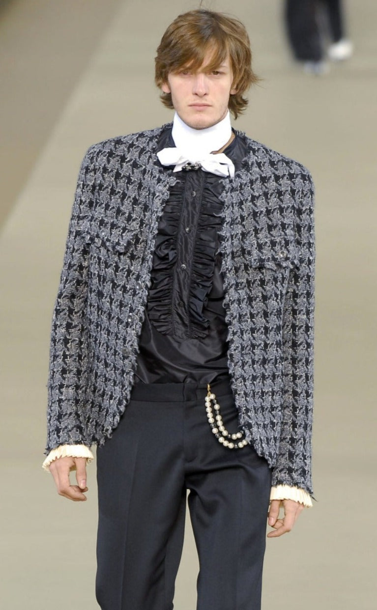 シャネル ジャケット CHANEL グレー ブラック 千鳥格子 ウール シルク