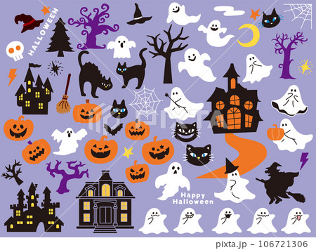ハロウィンの可愛いイラスト(おばけ、城、魔女、黒猫、パンプキン