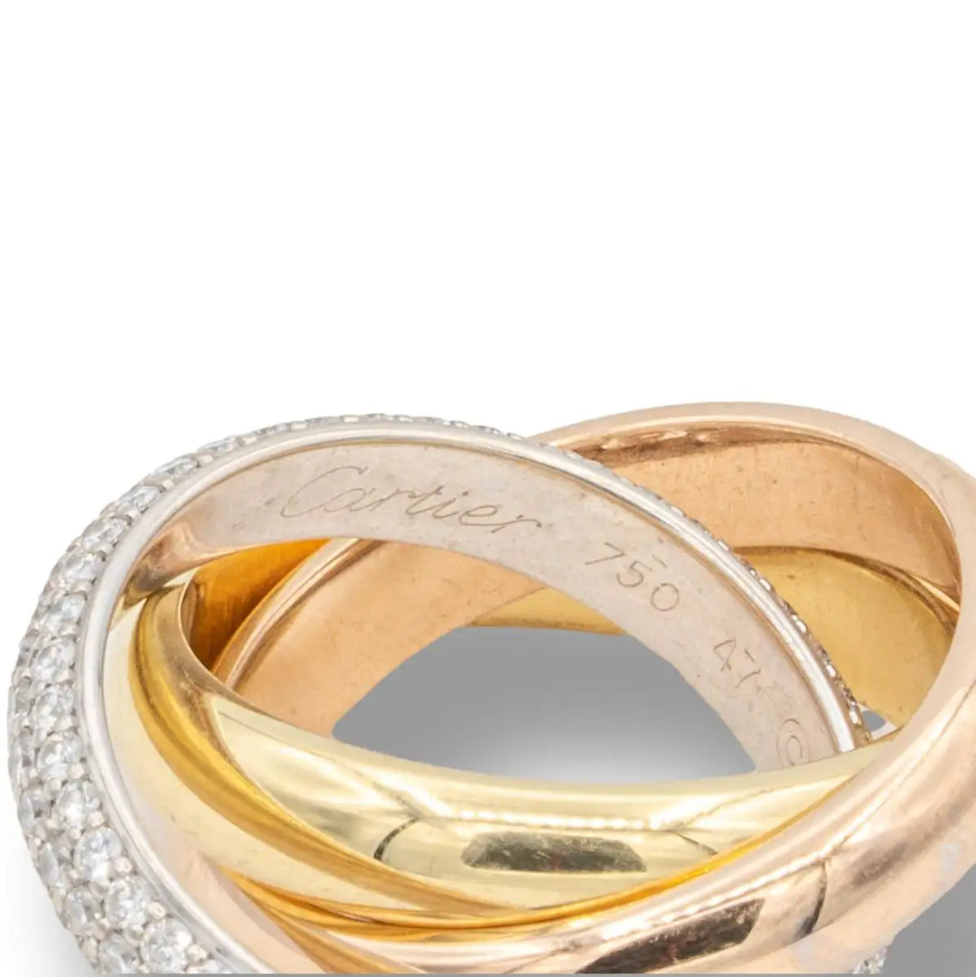 Cartier 18K Tri-Color Gold Pave Diamond Trinity Rolling Ring Size