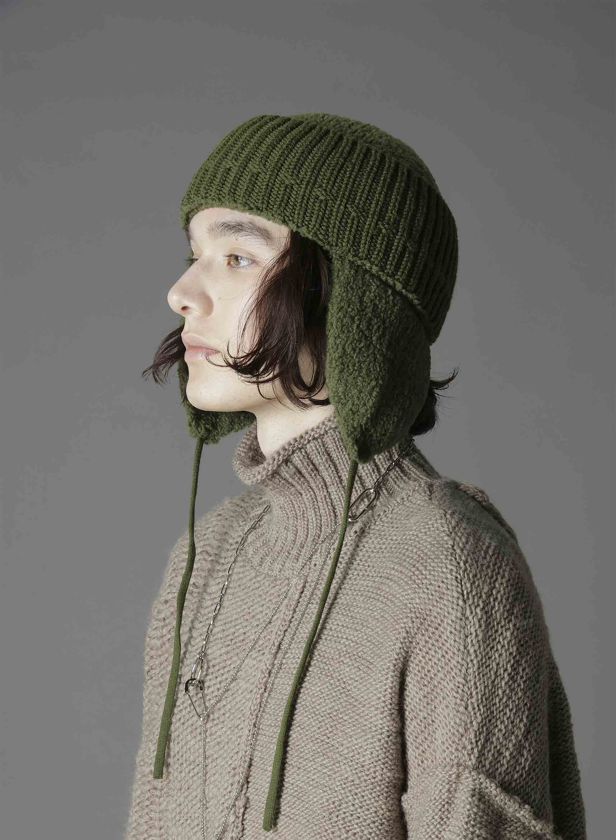 Wool boa+EX FineMerino Wool FLIGHT KNIT CAP(FREE SIZE khaki
