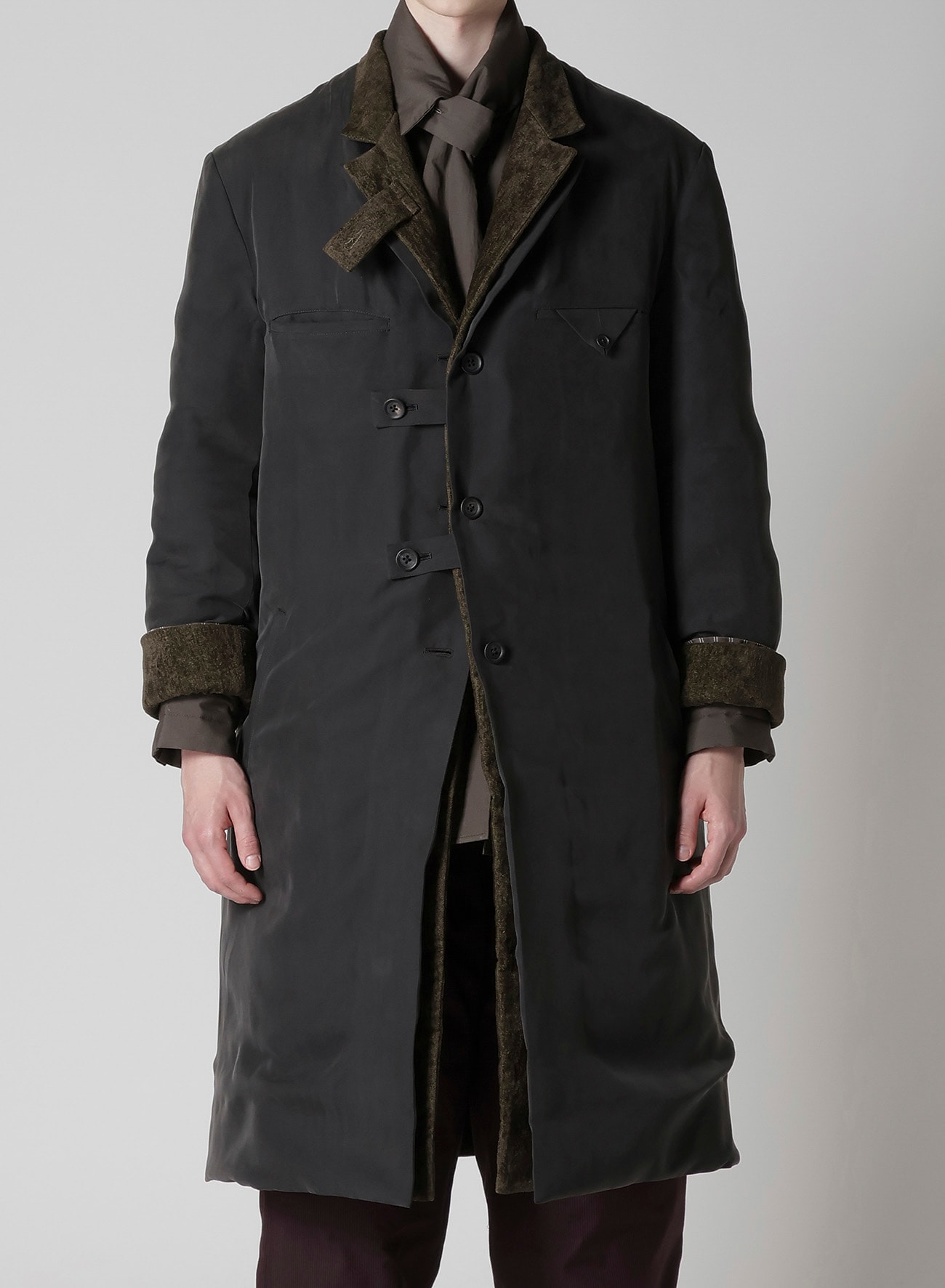 LINEN VELVET 3 BUTTONS DIAGONAL PADDED LONG JACKET(M Khaki): Yohji
