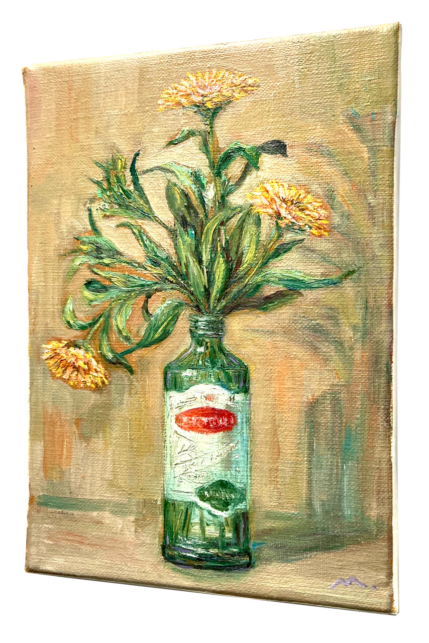 グリーンの瓶と黄色い花の静物 | Gens art ｜インテリア絵画 アートの