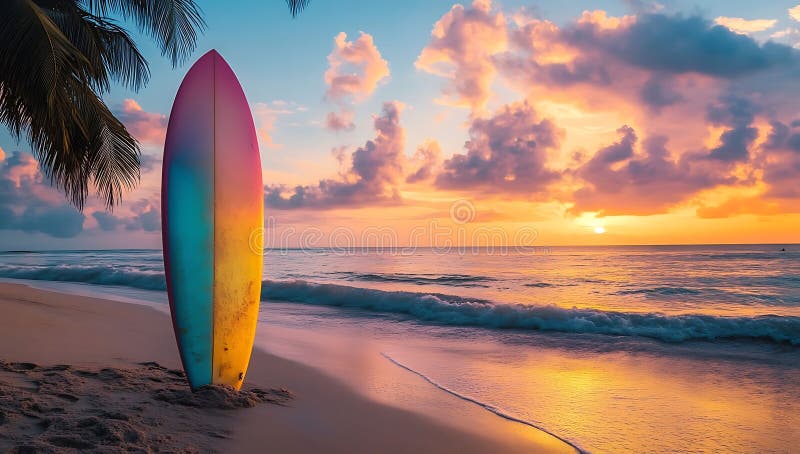 Colorful Surfboard on Tropical Beach at Sunset Sky, Summer