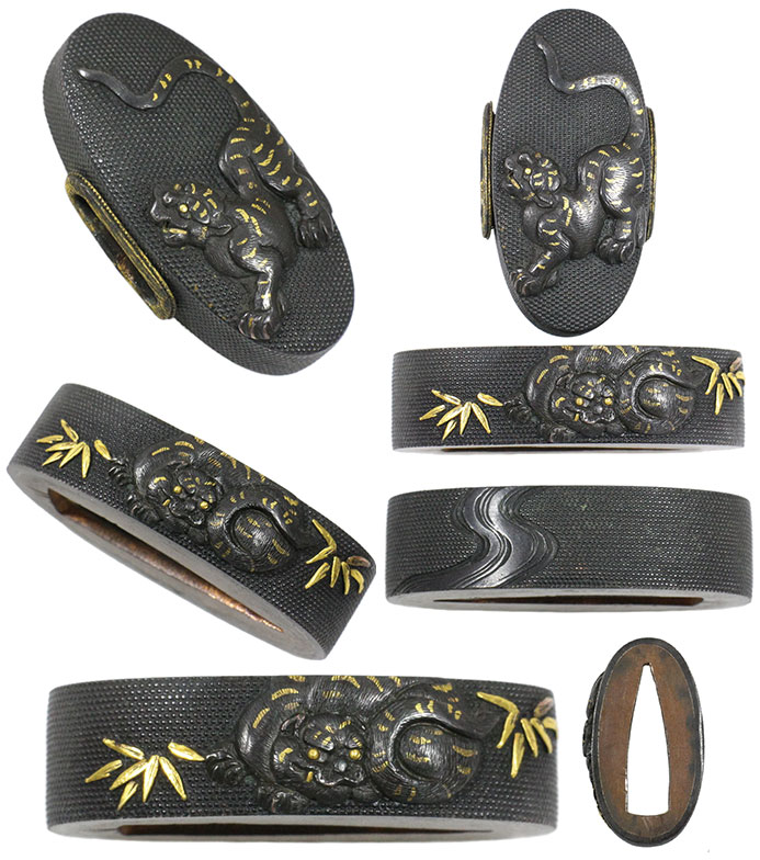 刀装具 脇差 柄前 鉄地縁頭 虎の図目貫 金山風透かし鍔 (