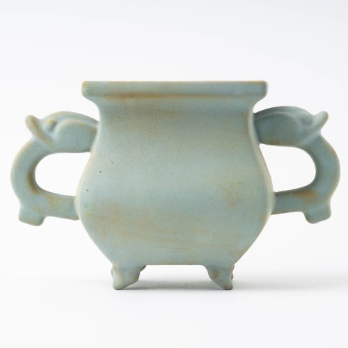 中国 哥窯 青磁 金絲鉄線 氷裂文双耳瓶 C 6910 中国 哥窯 青磁 金絲