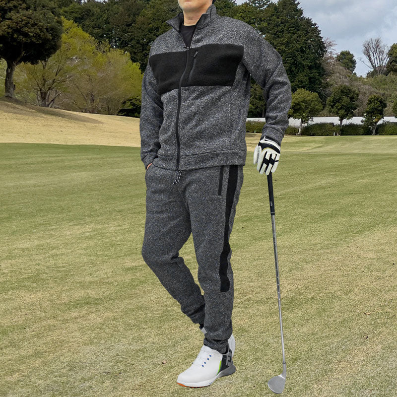 ゴルフウェア セットアップ メンズ 上下セット 暖かい 裏起毛 ニット