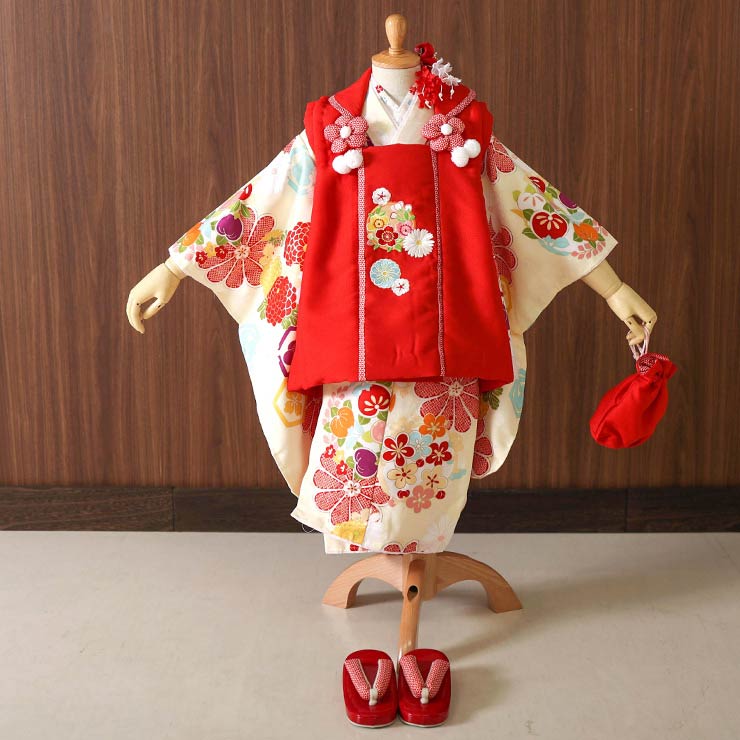 楽天市場】[再入荷] 七五三 被布セット3歳 菊に亀甲 (クリーム/被布:赤