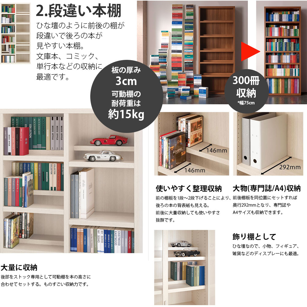 楽天市場】本棚 大容量 ハイタイプ 完成品 二段式 収納 段違い 日本製