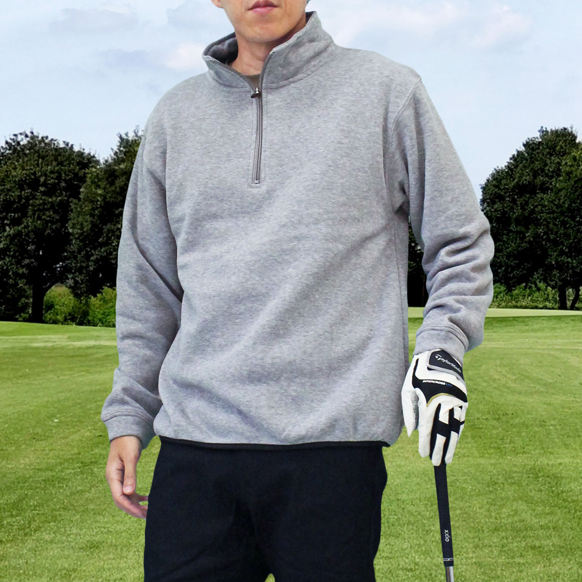 グレージュ L マルボンゴルフ MALBON GOLF 長袖 ハーフジップ