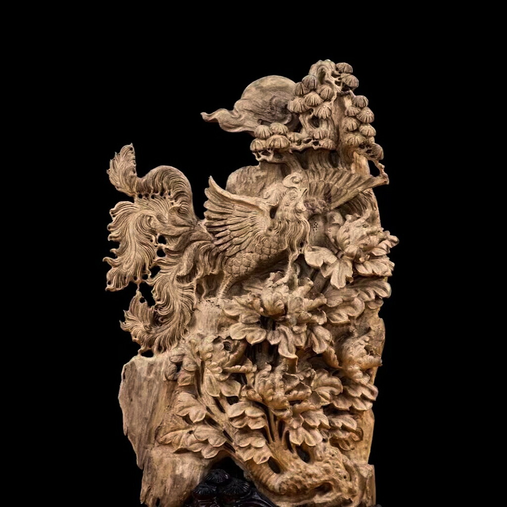 楽天市場】【天然沈香木彫】 木の雕刻品 沈香木 鳳凰とボタン（牡丹