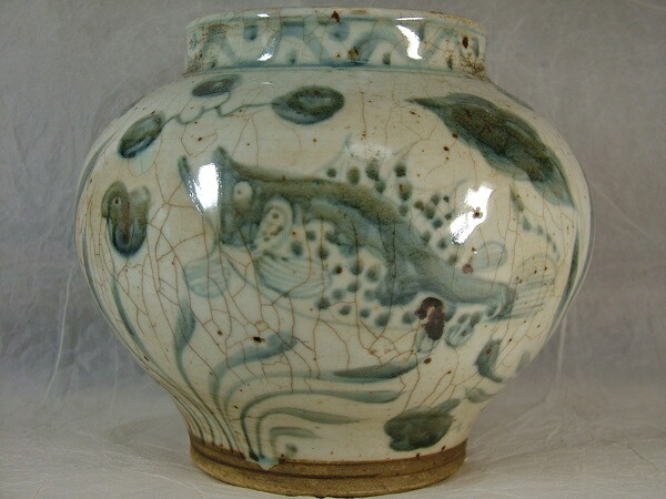 中古美品】中国骨董品「染付鮭魚広口壺」