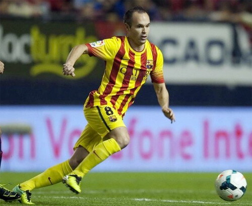 楽天市場】FCバルセロナ 13/14 14/15 アウェイ (黄/赤) #8 A.INIESTA