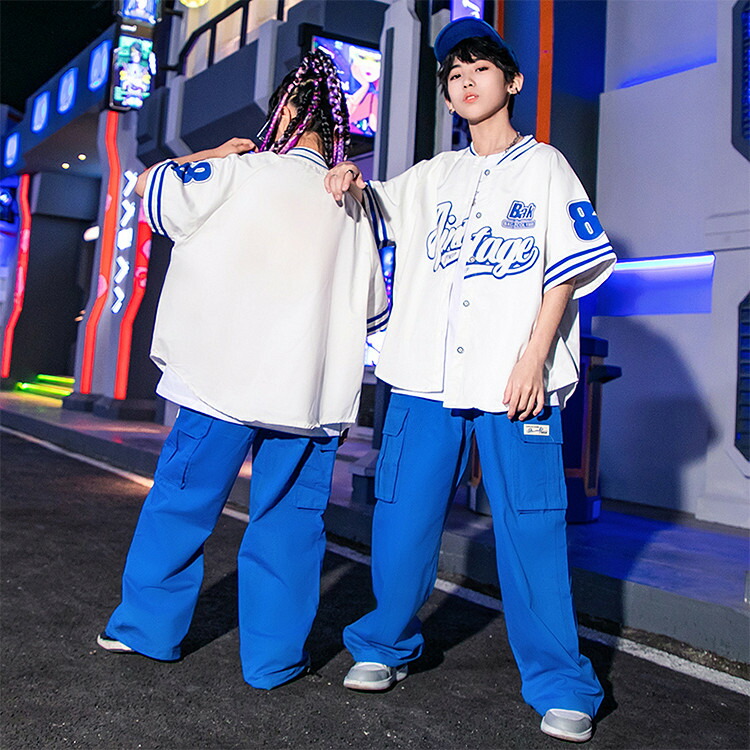 楽天市場】白 青 ベースボールシャツ 夏 半袖 キッズ ダンス衣装