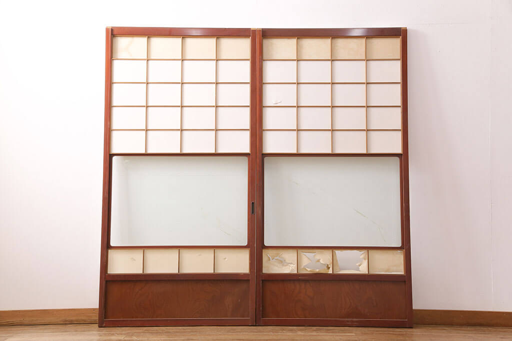 アンティーク 昭和レトロ 建具 障子 木製 葉と鳥の彫刻付き