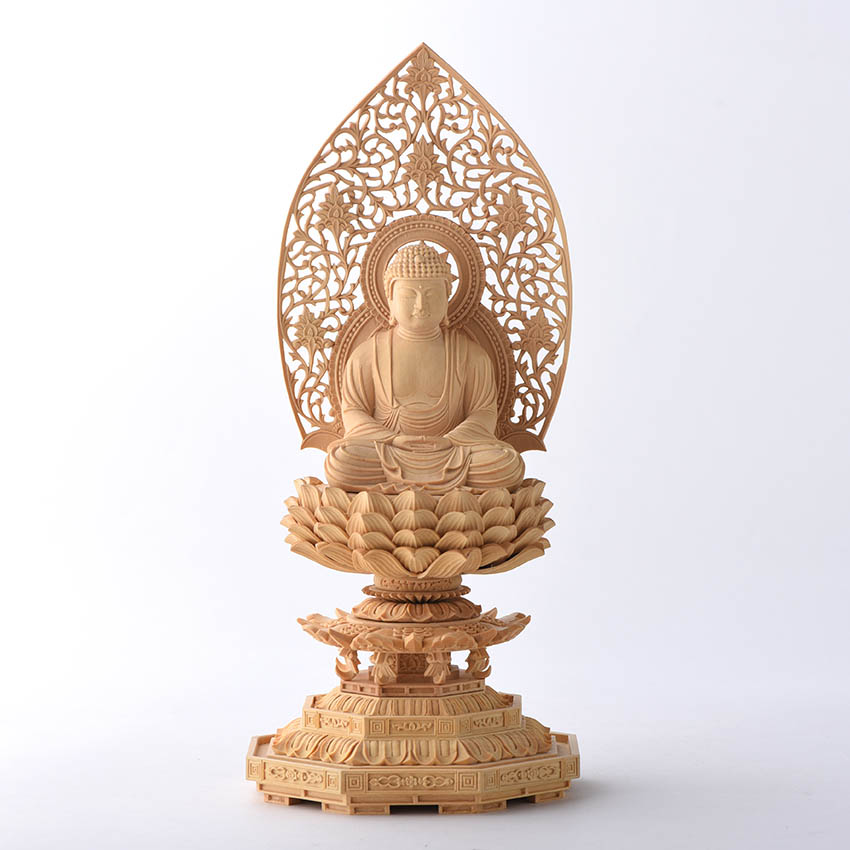 楽天市場】仏像 木彫り 本尊 総柘植 八角台上彫 木地彫 唐草光背 上等