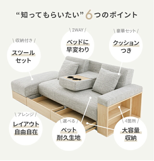 直接引取）収納付きモダンソファ メランジベージュ×ナチュラル 直接