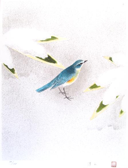 楽天市場】上村淳之 瑠璃鶲(冬) リトグラフ : ギャラリーダッドアート