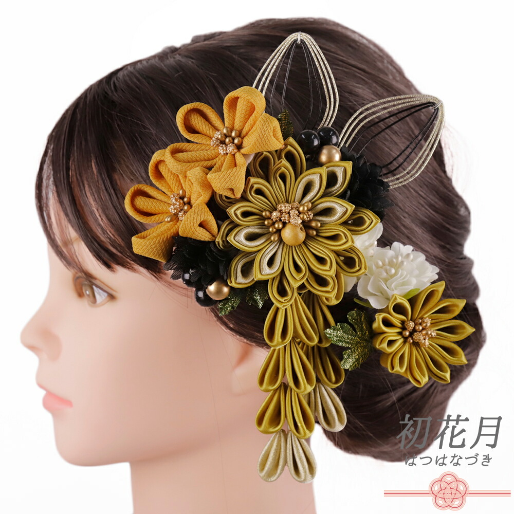 つまみ細工 髪飾り 濃いエンジ アイボリー ゴールド セット つまみ細工