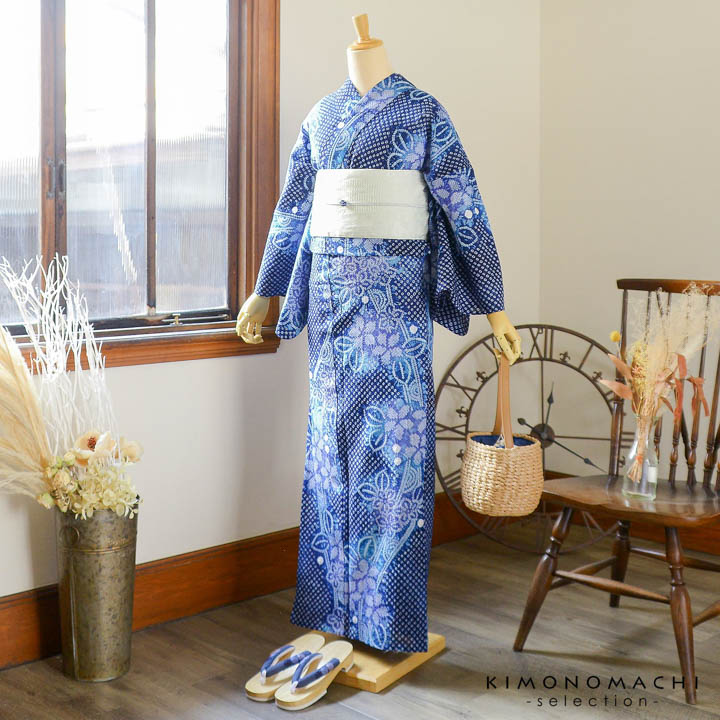 楽天市場】お仕立て上がり絞り浴衣単品 花しぼり「宵の風 紺×紫」有松
