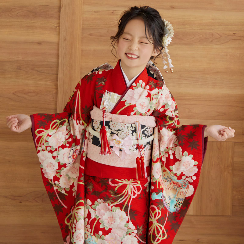 七五三 5歳から7歳 7歳女の子 七五三 赤花柄 鶴着物 着物 襦袢