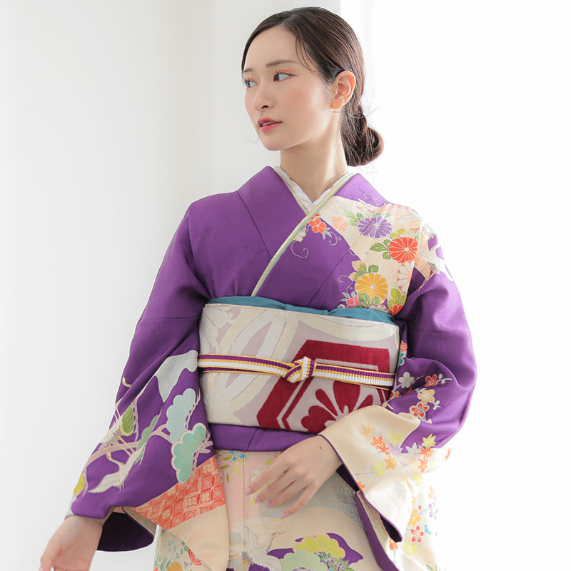 楽天市場】【振袖 レンタル】 結婚式 結納R1738 正絹 紫 花に飛鶴と扇