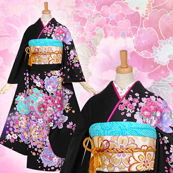 楽天市場】【成人式 振袖 レンタル】RS920 正絹 黒 桜と青い薔薇フル