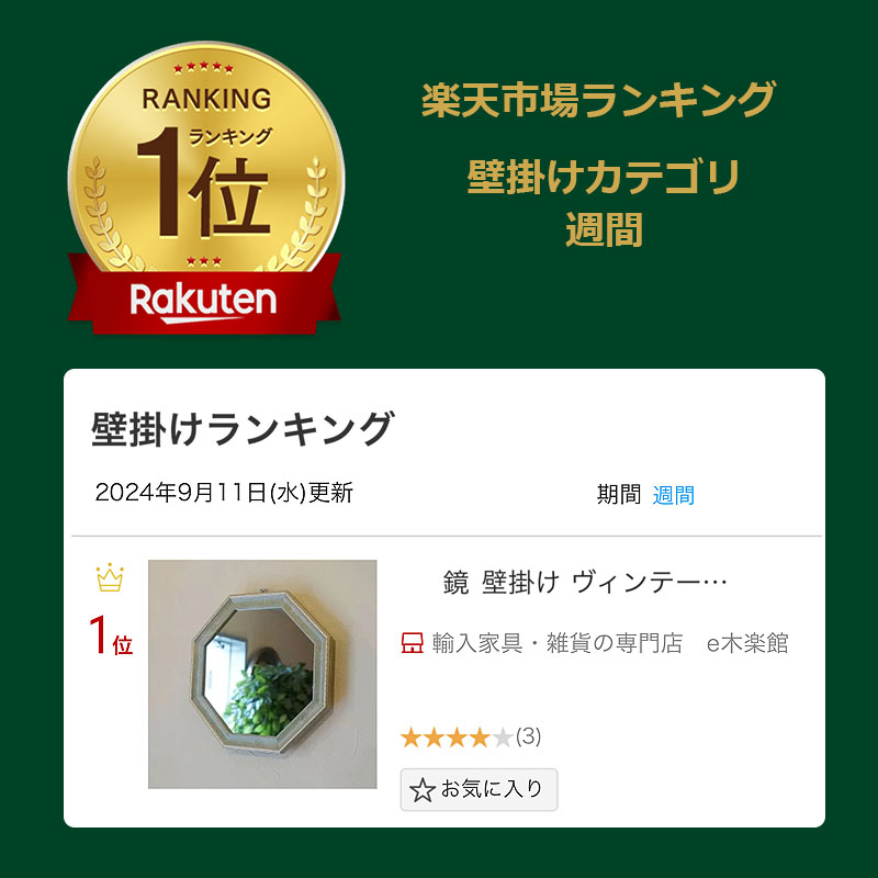 楽天市場】鏡 壁掛け ヴィンテージ 八角ミラー グリーン Mサイズ