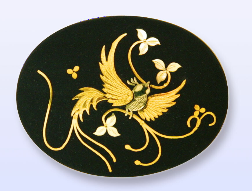 際端銘一芳 四分一地容彫蓬莱香炉図目貫 金象嵌銘 色絵象嵌 千葉元胤