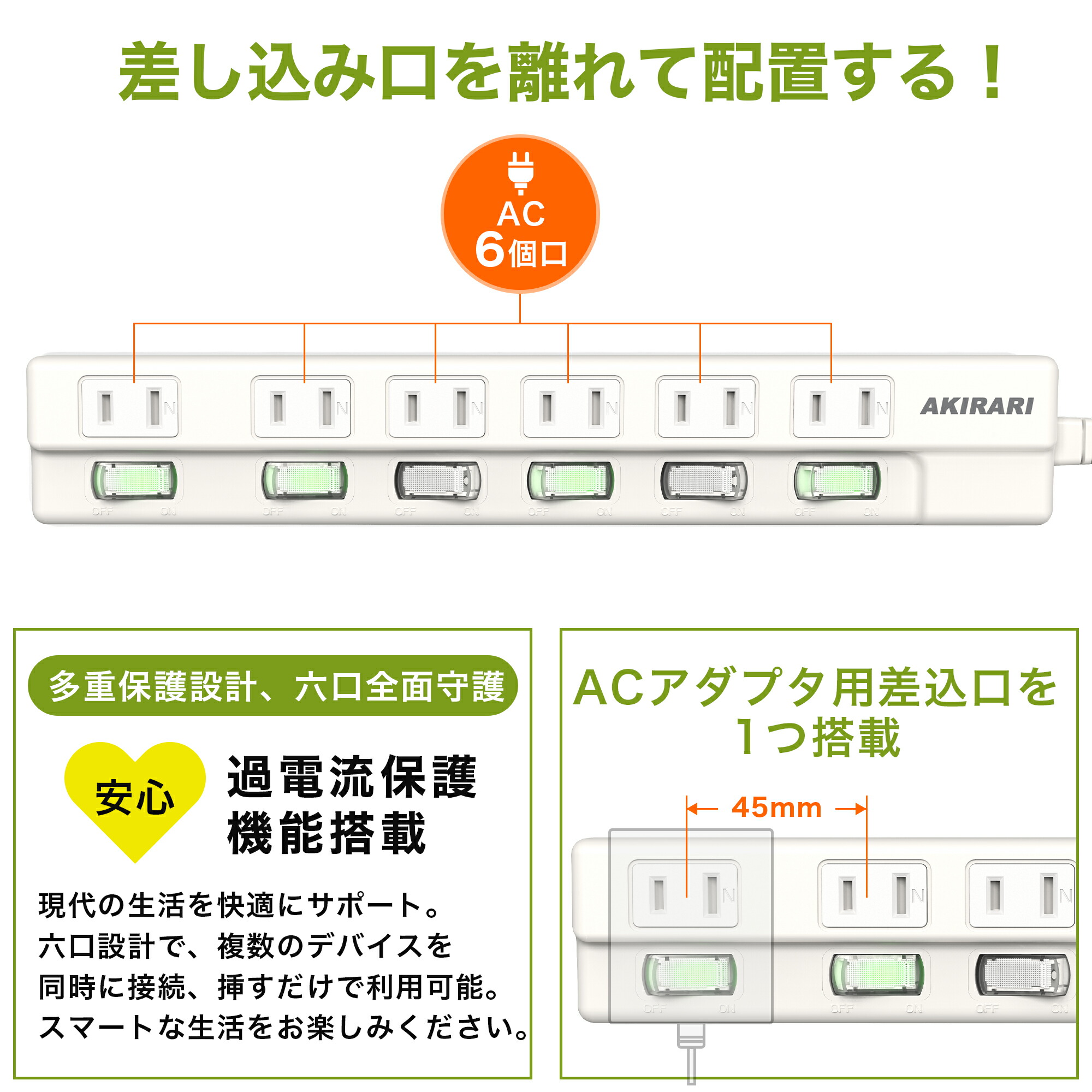 楽天市場】電源タップ 2m コンセント 6個口 1m 2m 3m 雷ガード 個別