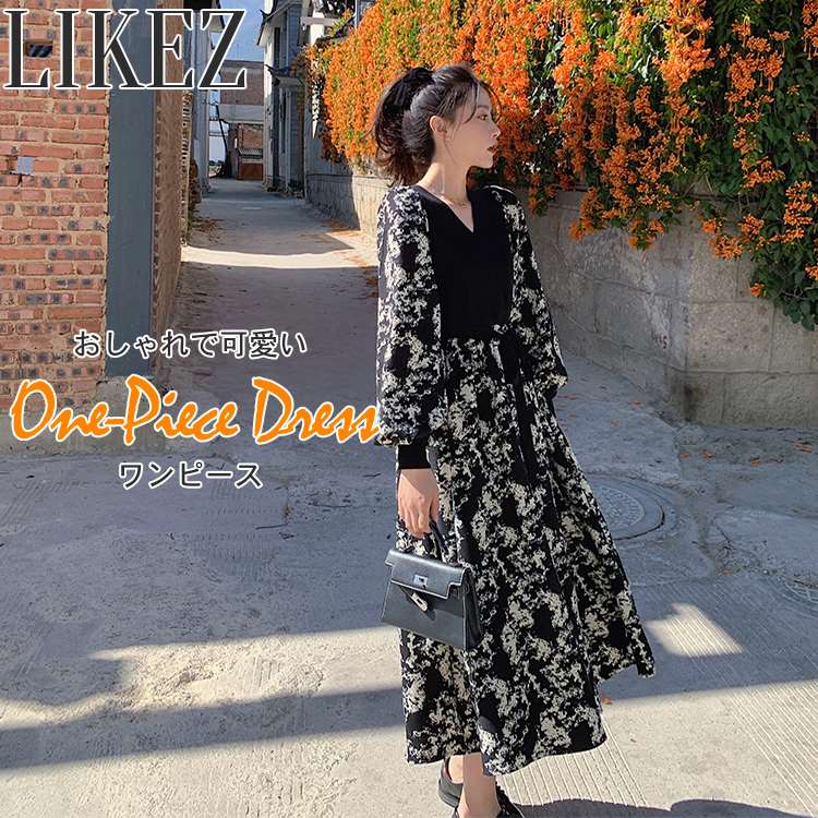 楽天市場】ワンピース 長袖 総柄 レディース 春 秋 トップス 可愛い