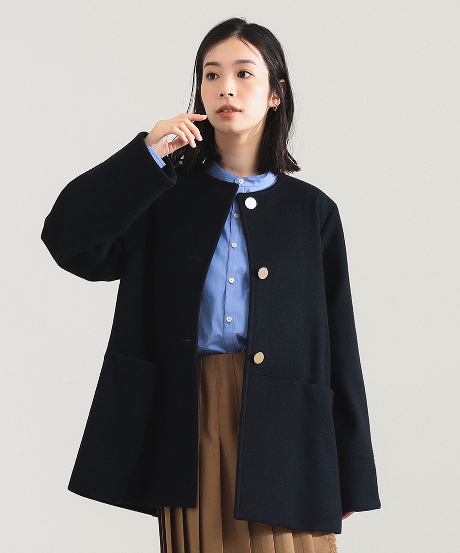 Demi-Luxe BEAMS｜ソフトメルトン ノーカラーコート Aライン ミドル丈