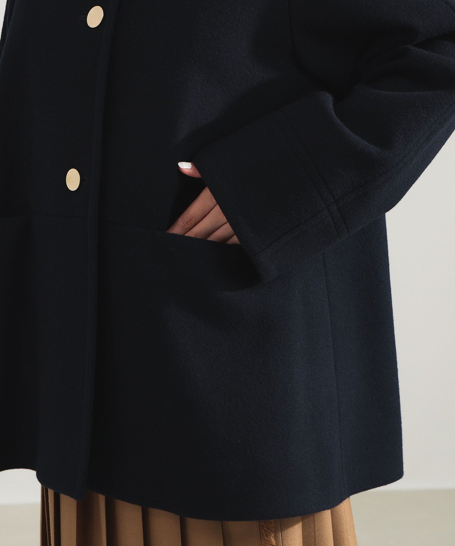 Demi-Luxe BEAMS｜ソフトメルトン ノーカラーコート Aライン ミドル丈