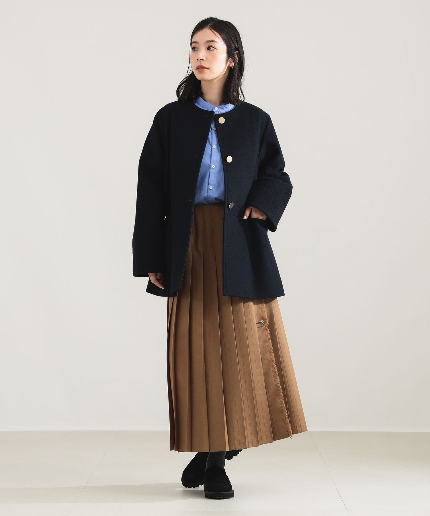 Demi-Luxe BEAMS｜ソフトメルトン ノーカラーコート Aライン ミドル丈