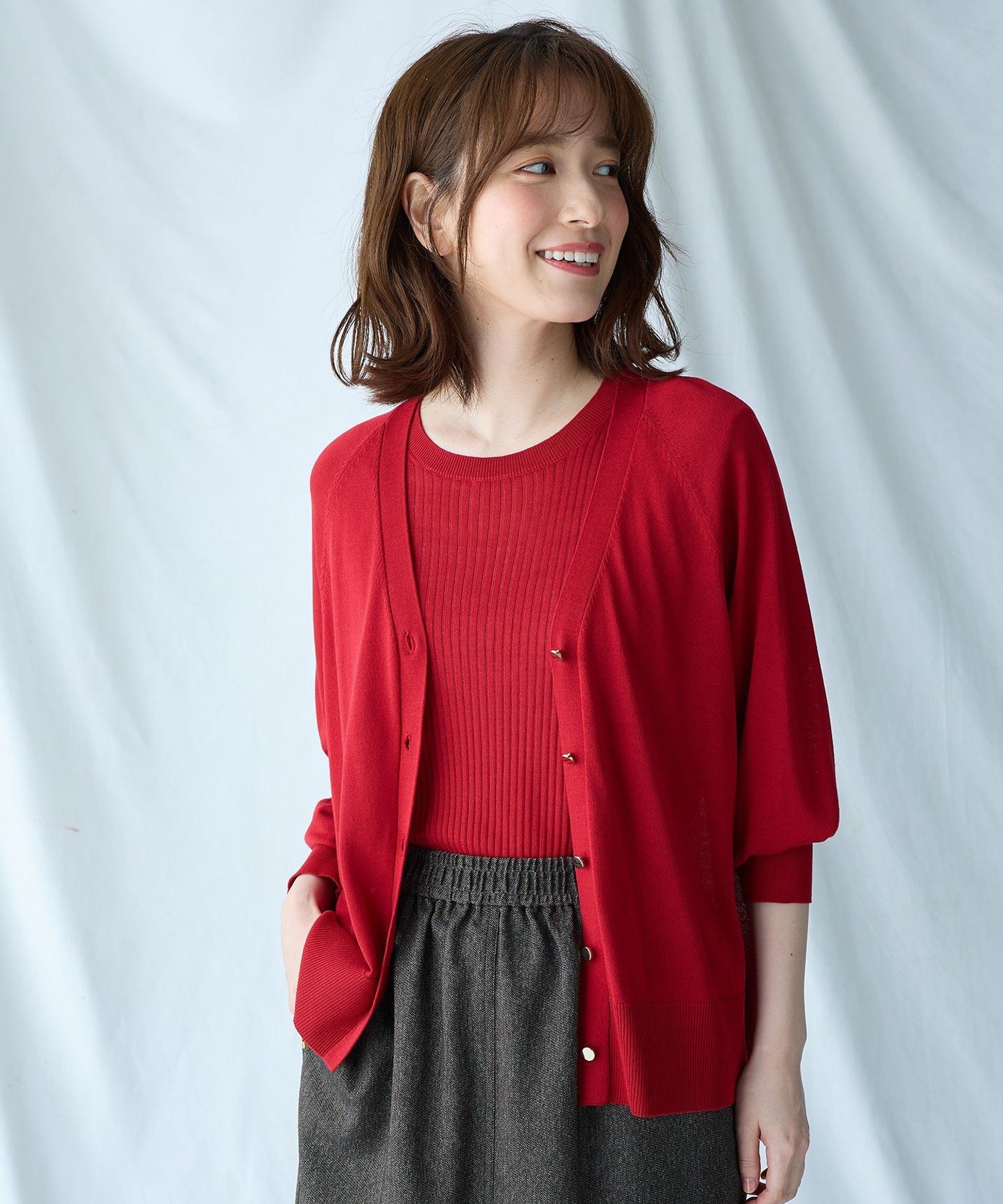 ANY｜【2SET】ニットツインセット(半袖ニット+Vネックカーデ