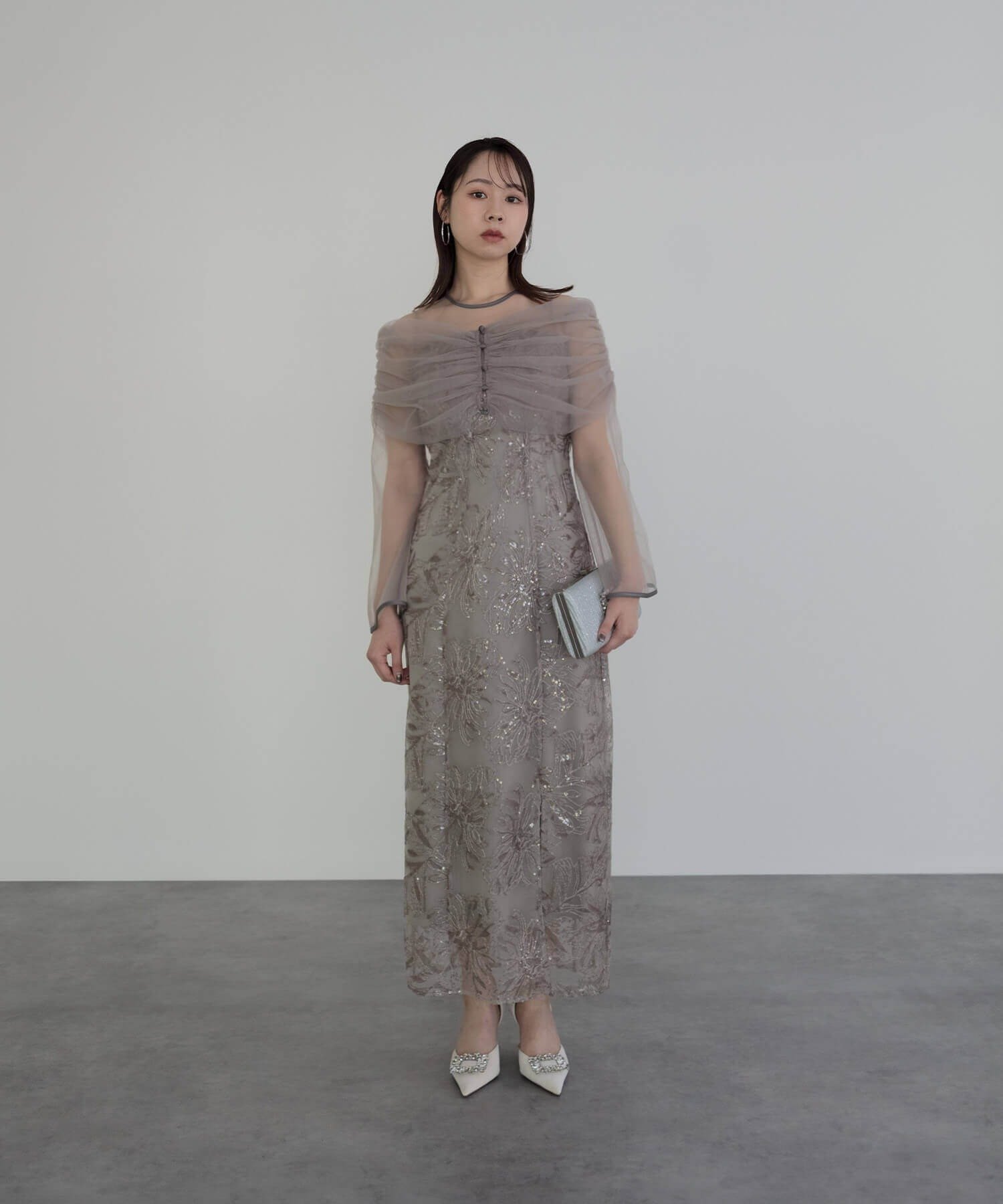 Leja｜LEJA-チュールオフショルダー花柄Iラインワンピースドレス 結婚