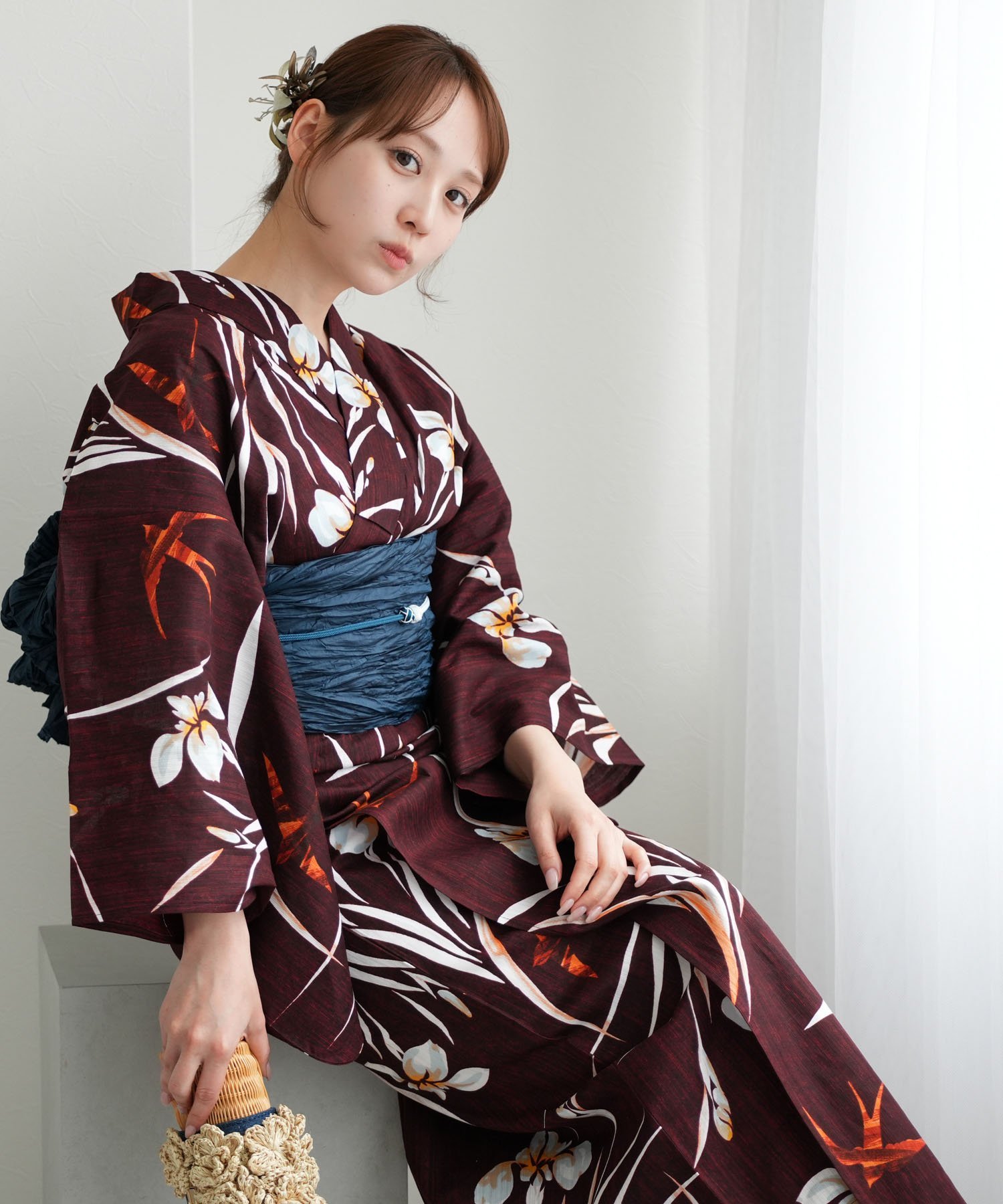 utatane｜ニコアンティーク 浴衣3点セット えんじに菖蒲とつばめ F