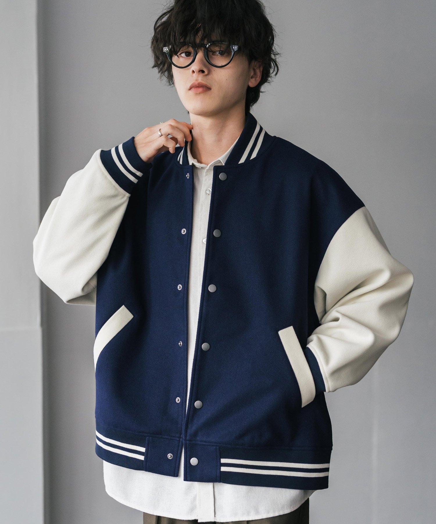 Rocky Monroe｜オーバーサイズテックメルトン/PUレザー切替スタジャン