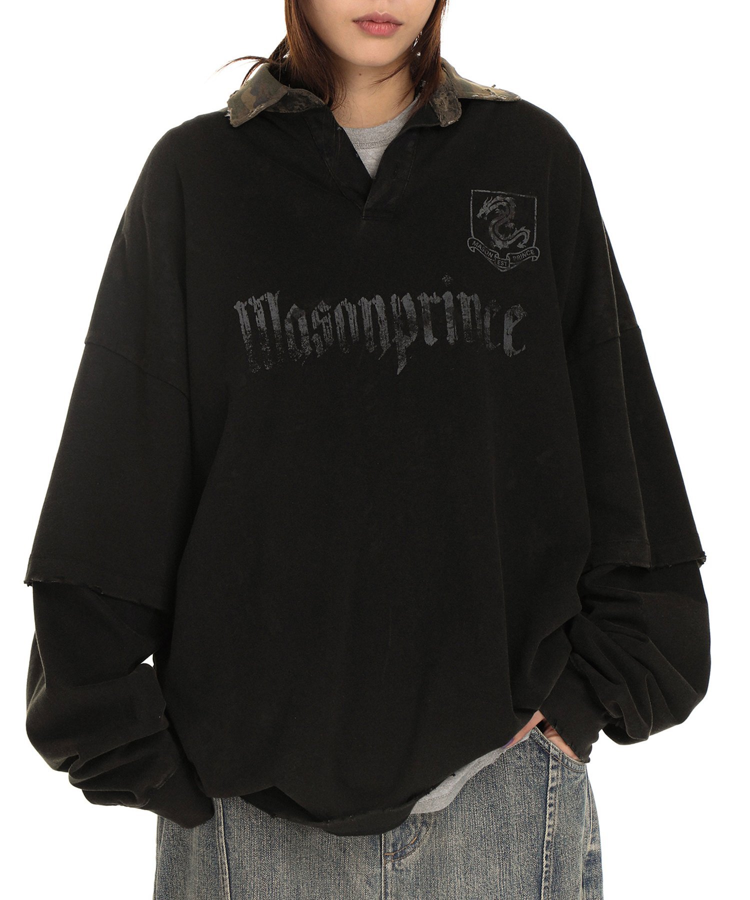 chuclla｜オーバーサイズ 袖切り替え ロングスリーブ ポロシャツ