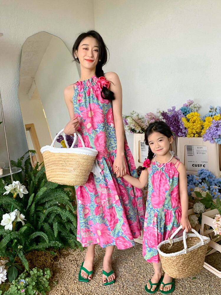 楽天市場】親子ペア ワンピース 夏 花柄 ロングワンピース 桃色