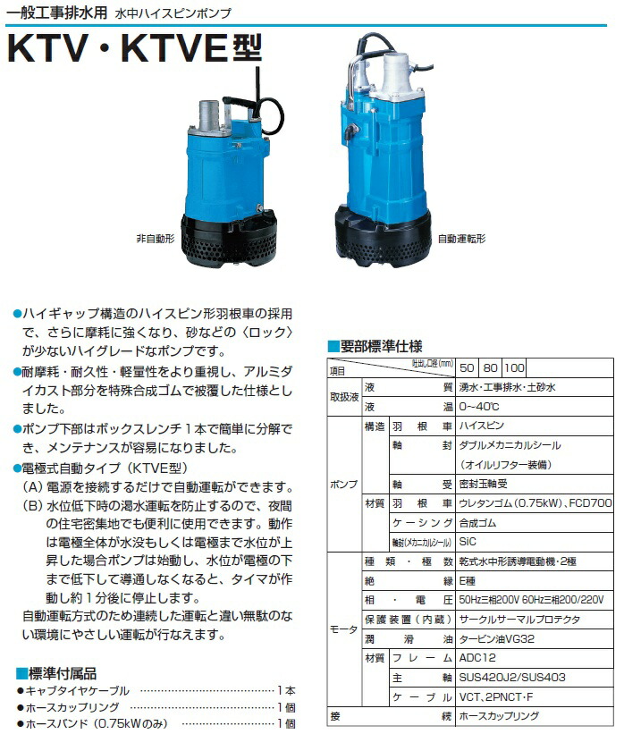 楽天市場】ツルミポンプ 水中ポンプ 工事用 排水ポンプ KTV3-55 5.5kw