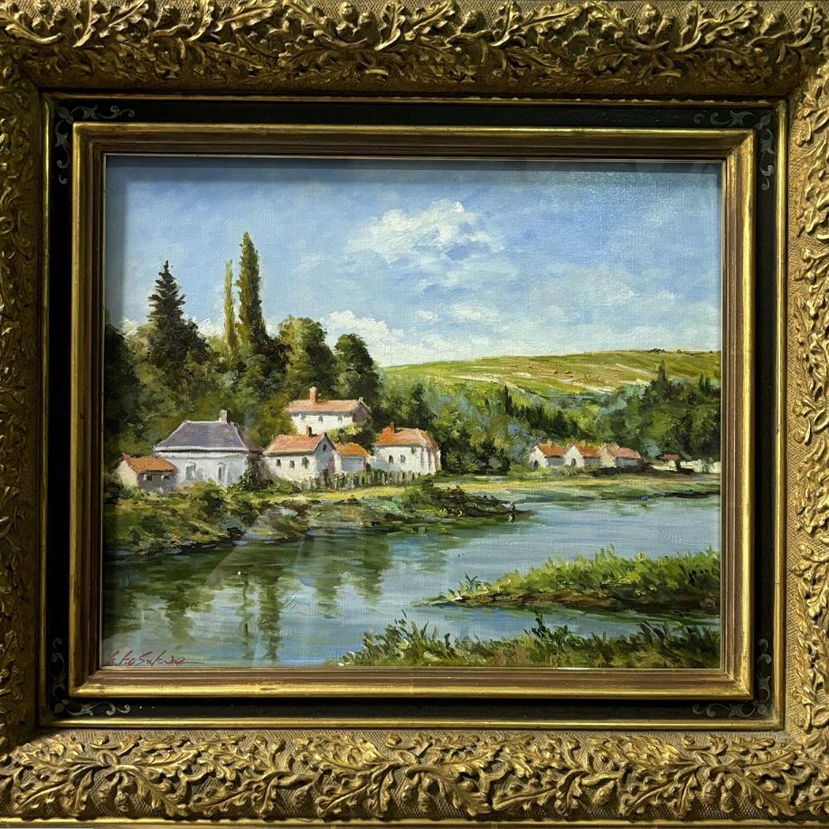 豪華額装 油彩 10号 水辺の風景 ヨーロッパ 洋画 風景画 ヨーロピアン