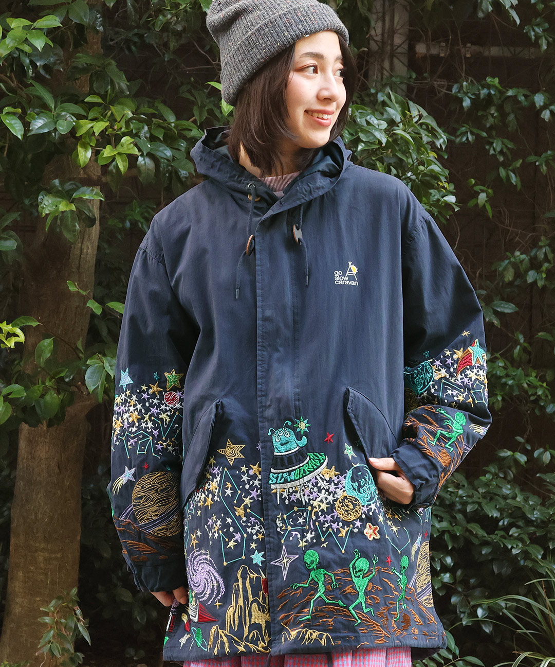 宇宙 ネイビー ロングコート 刺繍モッズコート
