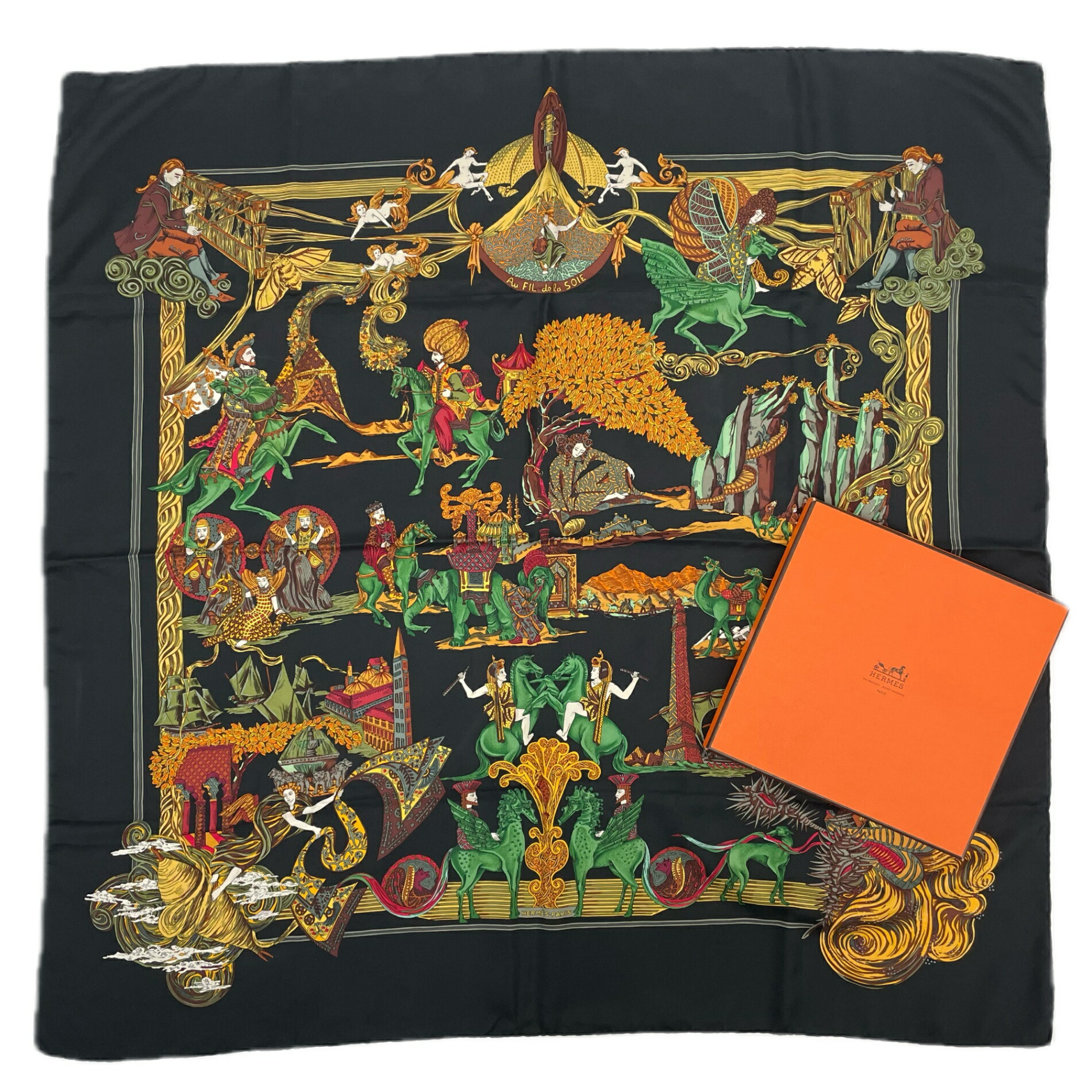楽天市場】新品同様 HERMES エルメス カレ90 Au FIL de la SOIE 絹糸の